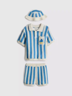 0-18 meses | Conjunto para recién nacidos con polo a rayas, pantalones cortos y gorro