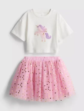 1,5-8 años | Conjunto de camiseta con estampado de unicornio y falda tutú