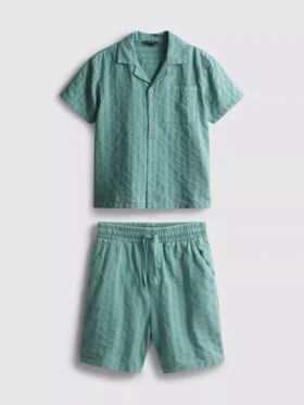 7-15 años | Conjunto de camisa de manga corta con botones y pantalones cortos de tejido con textura