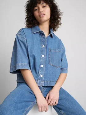 Camisas cortas de corte recto en denim de algodón