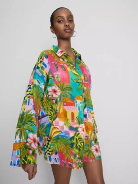 Camisas de playa de algodón estampadas con botones