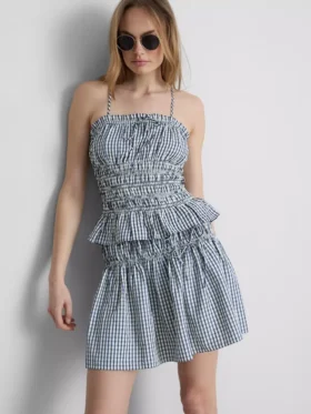 Camiseta sin mangas con peplum de cuadros vichy fruncida