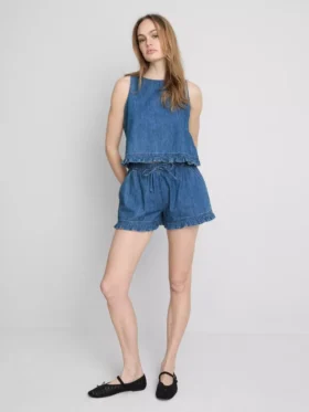 Camiseta sin mangas corta de denim de algodón con volantes