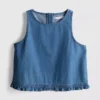 Camiseta sin mangas corta de denim de algodón con volantes
