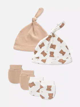 Conjunto de 2 gorros y manoplas de osito para recién nacidos