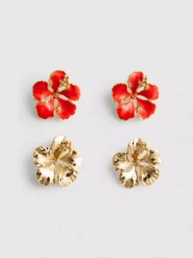 Lote de 2 pares de pendientes de botón con motivos florales