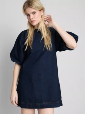 Minivestido de denim de algodón con mangas abullonadas