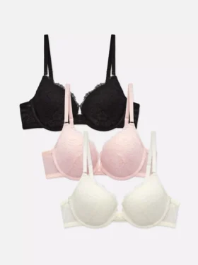 Pack de 3 sujetadores push-up de encaje con relleno y escote profundo