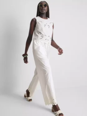 Pantalones de algodón de pierna ancha con bordados