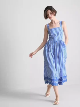 Vestido largo bordado a rayas