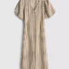 Vestido midi a rayas con mangas abullonadas