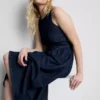 Vestido midi de denim de algodón con cintura baja